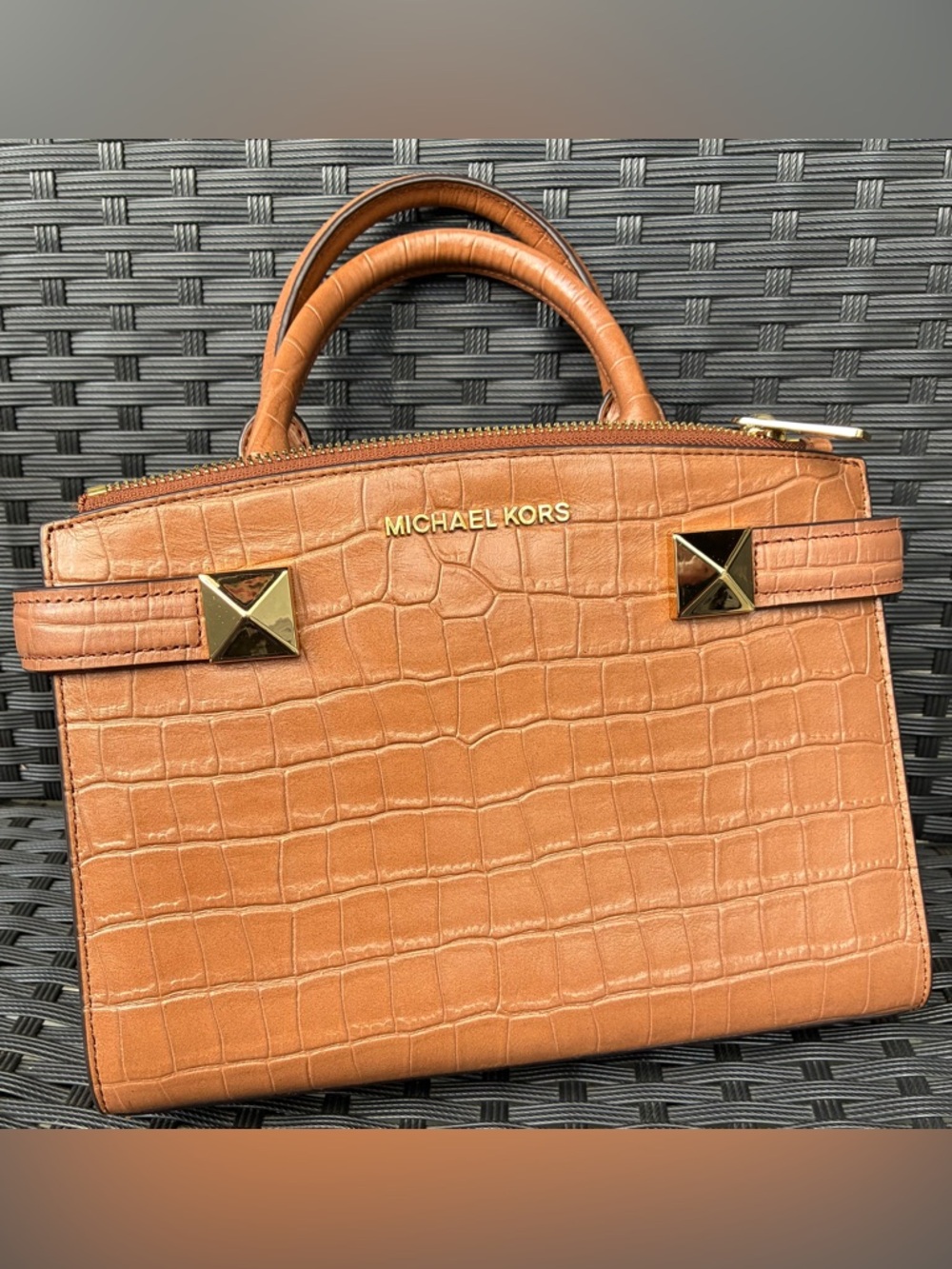 Michael Kors Cognac Croc-Embossed Top-Handle Satchel with Gold Hardware - Picture 7 of 11